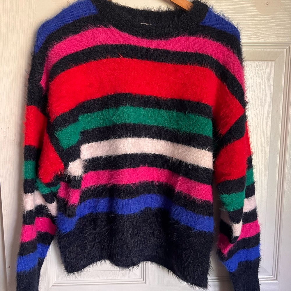 A New Day Fuzzy Striped Sweater - Red, Pink, Green, Blue